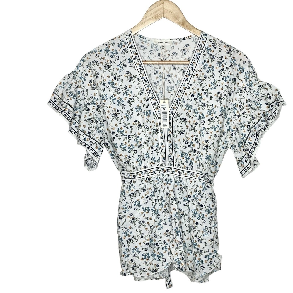 Max Studio Floral Ruffled Short Sleeve Blouse Top White Womens Small Cottage